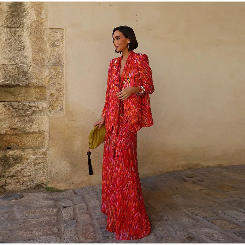 Printed Halter Neck Maxi Dress and Cropped Jacket Set for Women