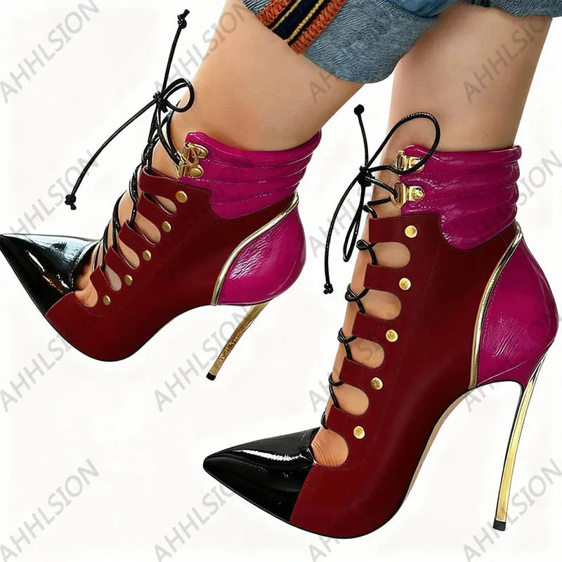 Pointed Toe Purple Leather Ankle Boots With Gold Accents For Women