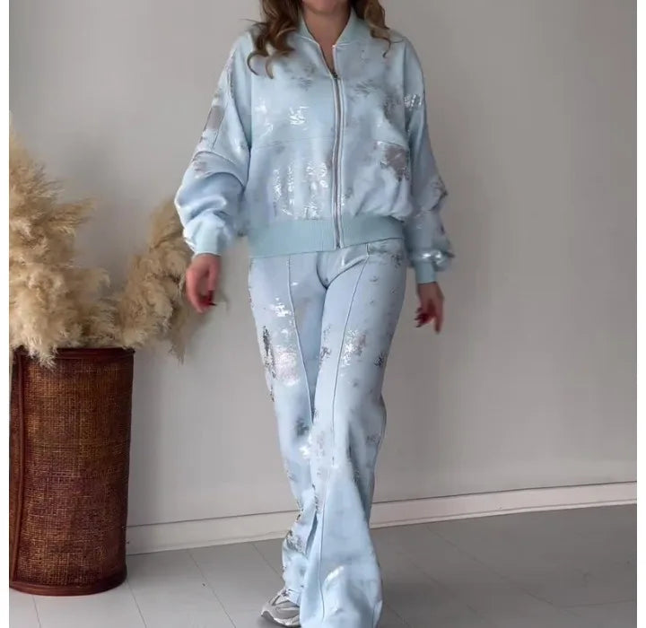 Two Piece Set Woman 2024 Summer New Streetwear Fashion Sequin Printed Zipper Casual Long Sleeves Hoodie and Pants Suit Female