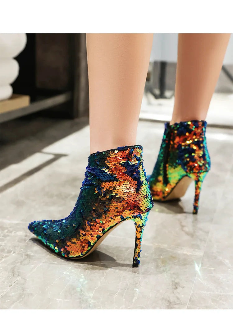 Sequined Pointed Toe Ankle Boots with Stiletto Heels for Women