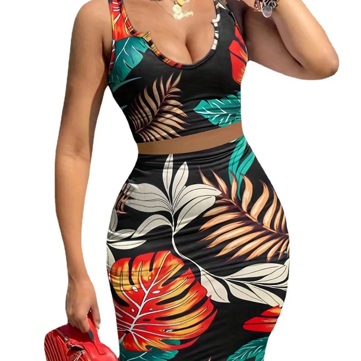 Print Slim Sleeveless Cropped Top Midi Two-Piece Set for Women