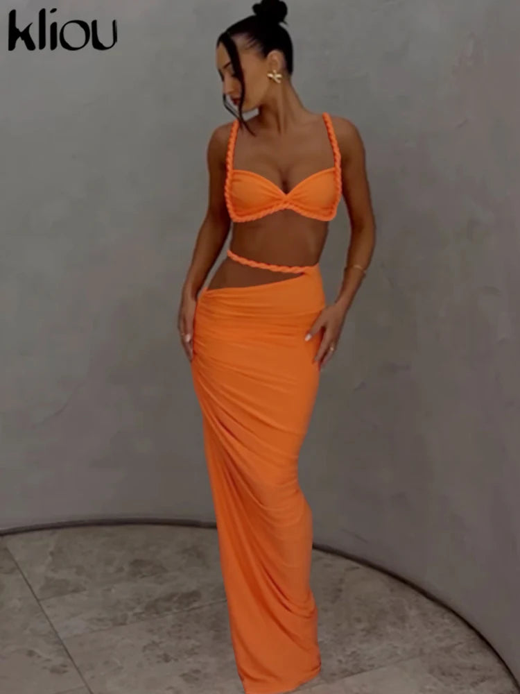 Woven Pleated Crop Top and Maxi Skirt Two Piece Set for Women