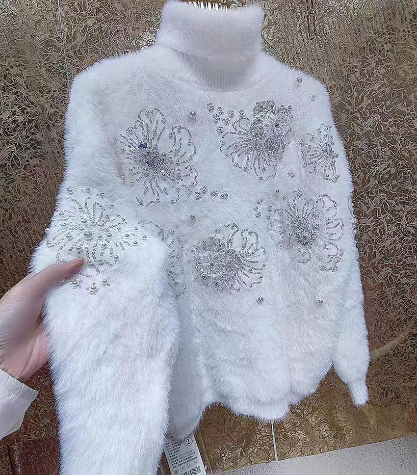 High-end Beads Sequined Stitch Thick Faux Fur Turtleneck Sweater for Women Autumn/Winter New Knit Outwears Pullovers Jumpers