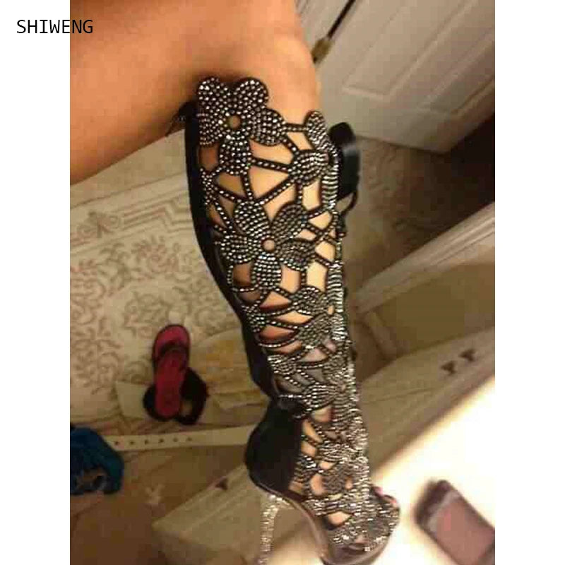 Rhinestone Stiletto Knee High Boots