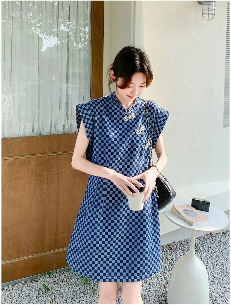Checkered Ethnic Style Summer Lightweight A Line Dress for Women