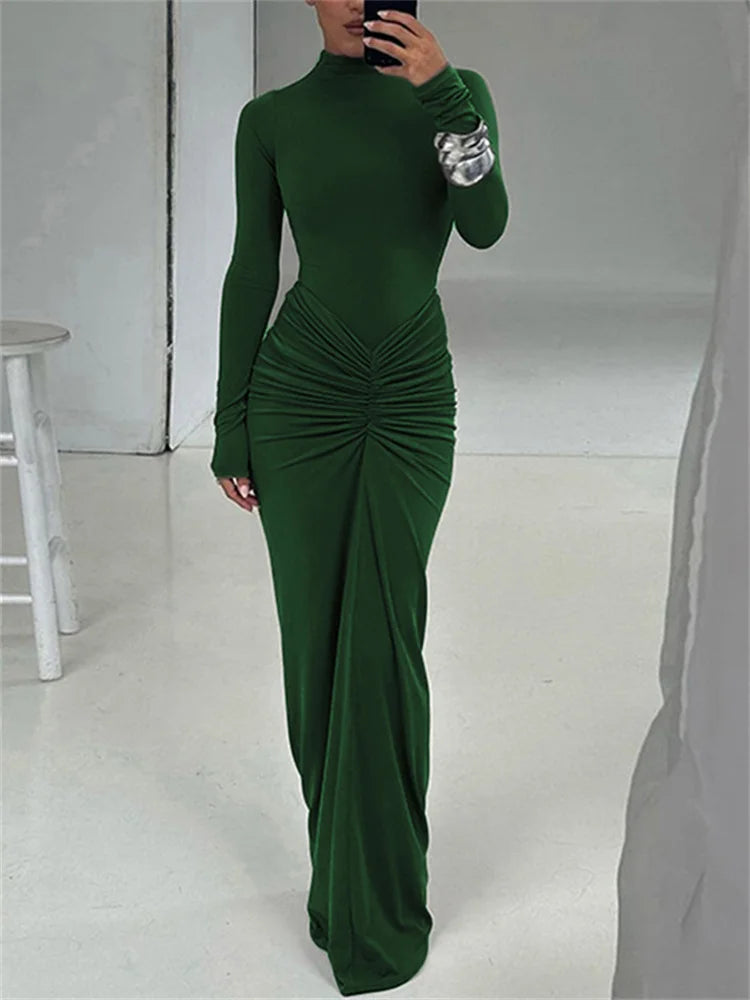 Shirred High Neck Long Sleeve Maxi Dress for Women
