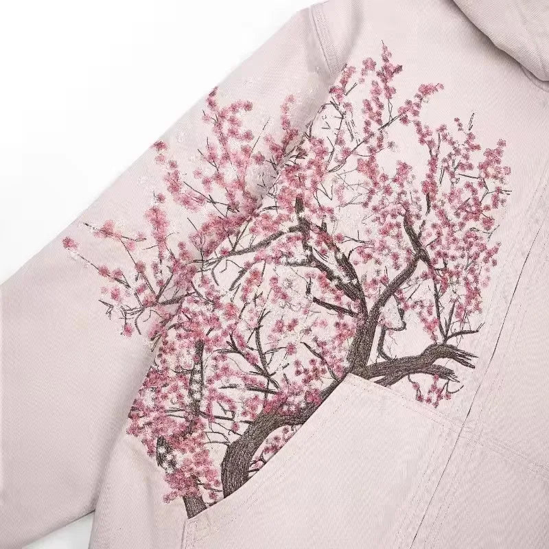 American Vintage Y2K Cherry Blossom Embroidered Hooded Jacket Womens Pink Zipper Coat with Floral Tree Graphic Streetwear