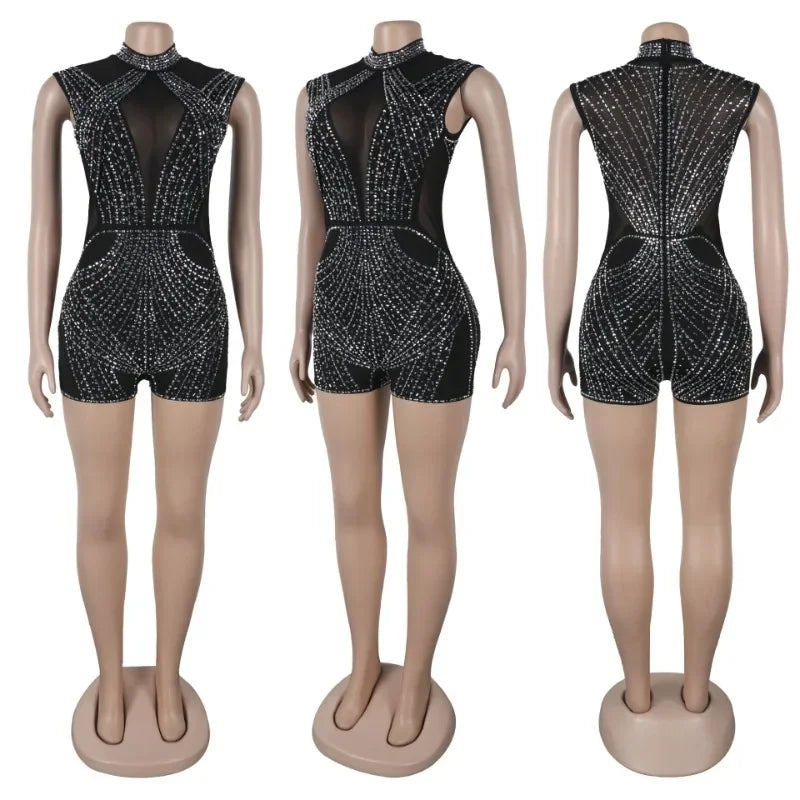 Sexy Sheer Rhinestone Mesh Cap Sleeve Romper for Women