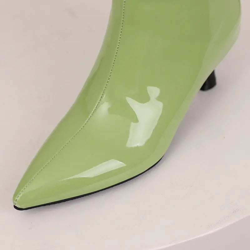 Patent Leather Pointed Toe Mid Calf Slouch Boots for Women