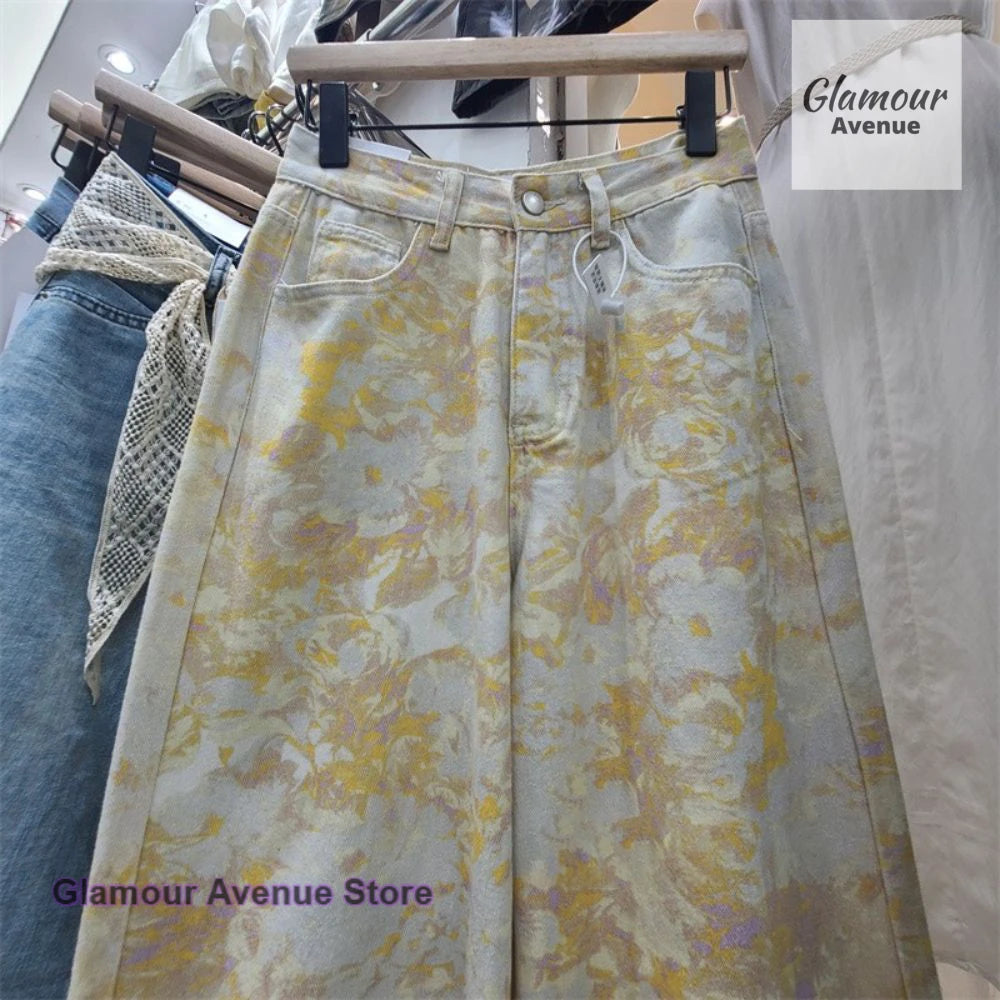 French retro yellow tie-dye printed wide-leg jeans women's spring and autumn fashion design casual wild straight mop pants.