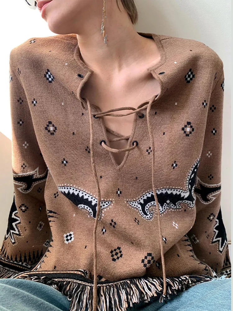 Ethnic Tassel Women 's Sweater Knitted V-neck Bandage Thicken Full Sleeve Jumper For Woman Winter Woman Coats Jacket Knitwear