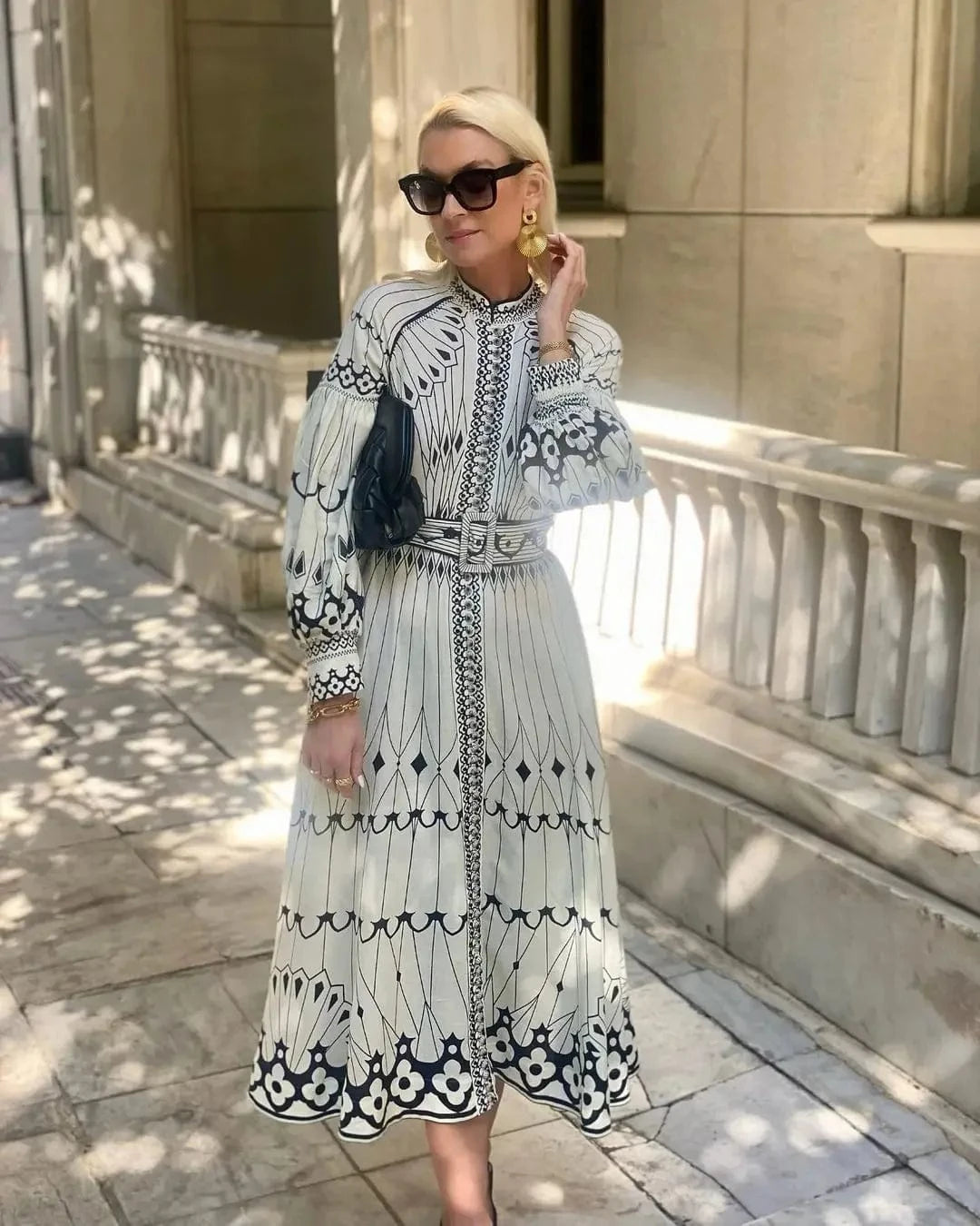 Retro Elegant Stand Collar Long Dress Women Spring Pattern Print Belted Buckle Party Dress Autumn Long Sleeve A-Line Boho Dress