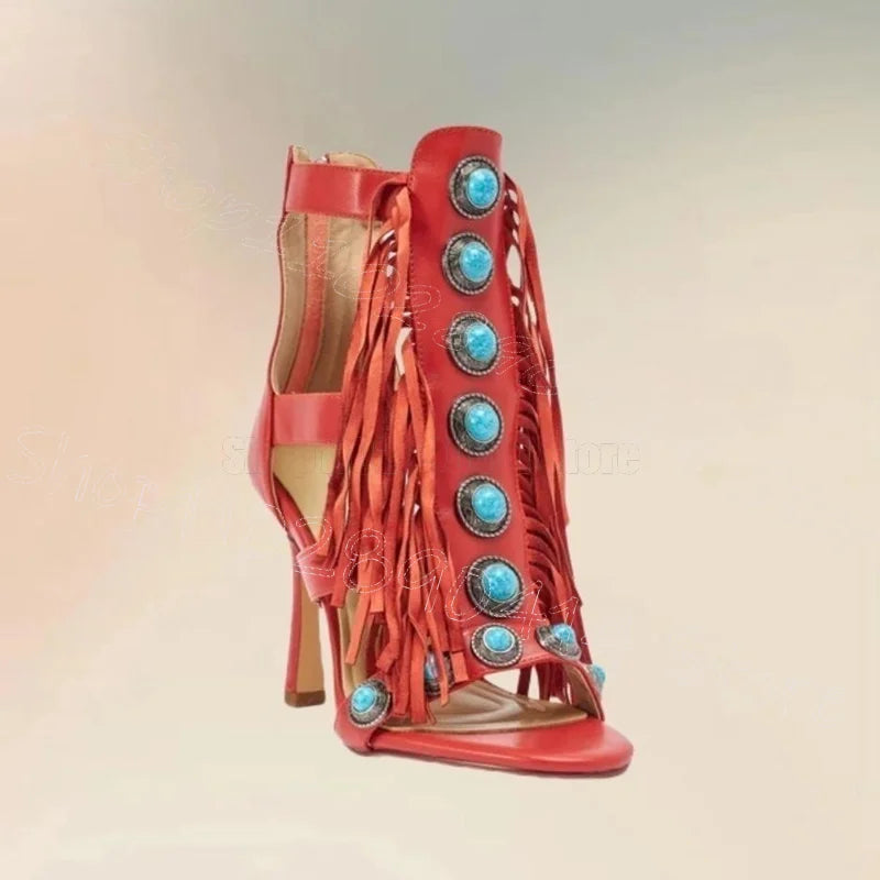 Red Metal Button Tassels Open Toe Sandals with Back Zipper Thin Heels for Women