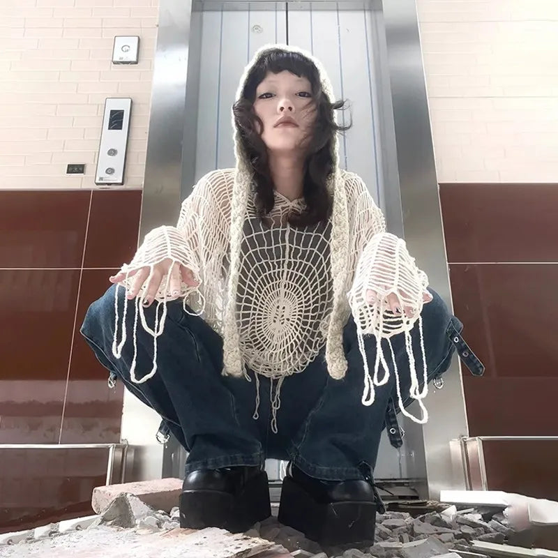 Karrram Japanese Y2k Hollow Out Knitted Top Trashy 2000s Style Spider Web Pullover Vintage Harajuku Hole Hooded Knitwear Grunge