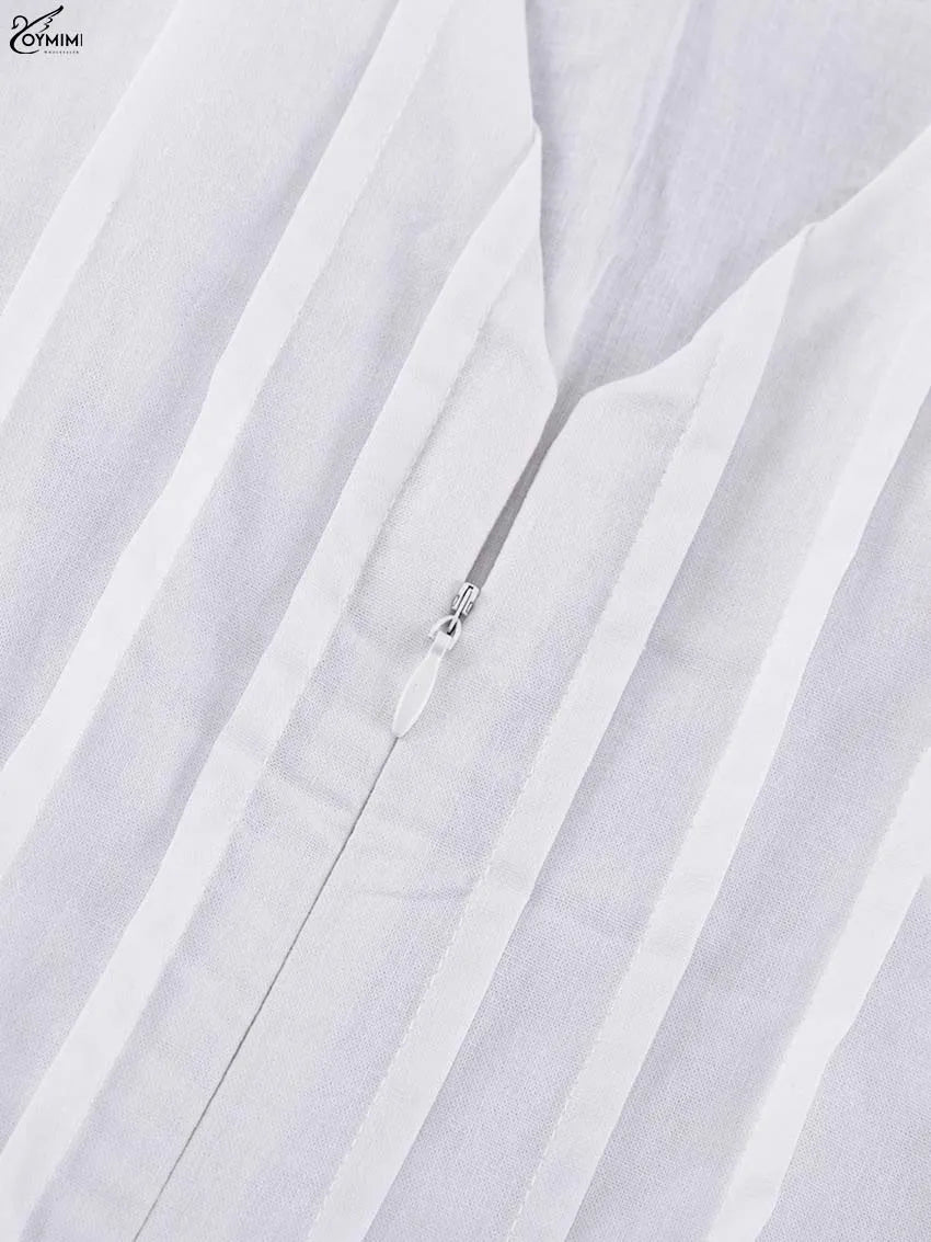 Oymimi Casual White Cotton Womens Dresses Fashion O-Neck Sleeveless Solid Dresses Elegant Open Back Ankle-Length Dress Female