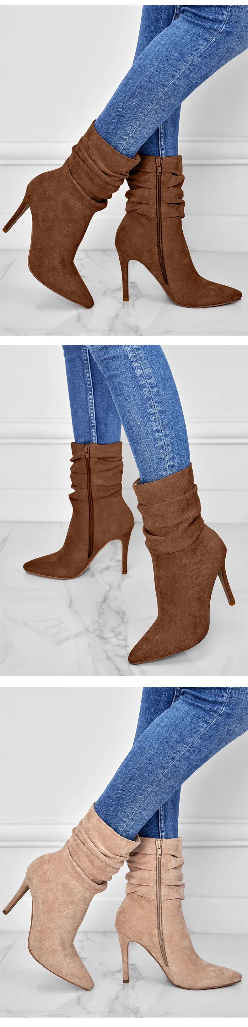 Pointed Toe Suede Ankle Boots With Side Zipper for Women