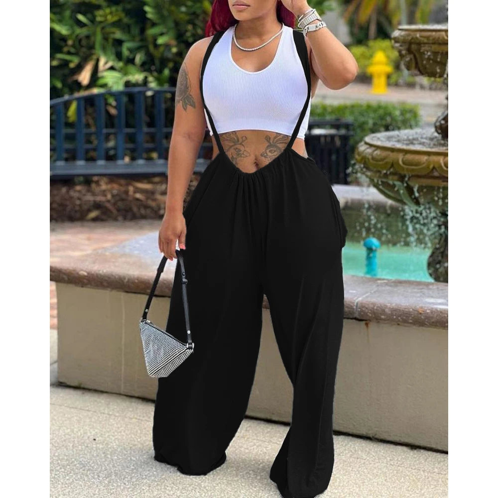2025 Fashion Women Plain Wide Leg Suspender Jumpsuit Femme Fold Tied Detail Casual Overalls Summer Solid Sporty Pants Clothes