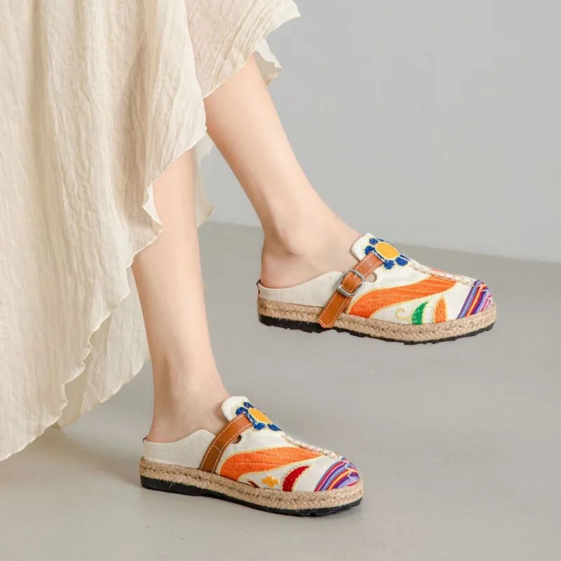 Lightweight Embroidered Cotton Linen Flat Slippers for Women