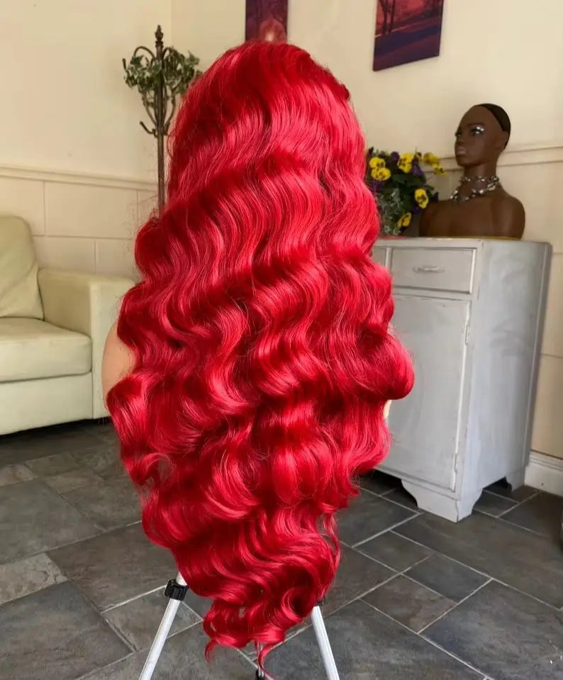 Bright Red Body Wave Heat Resistant Lace Front Wig for Women
