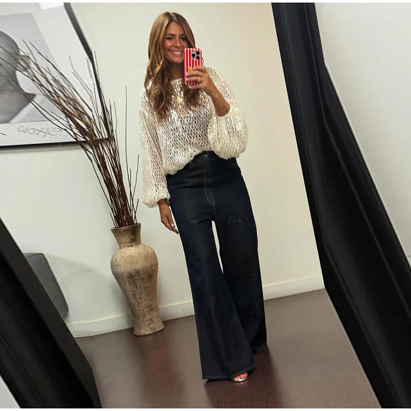 White Hollow Crochet Off Shoulder Long Sleeve Top For Women