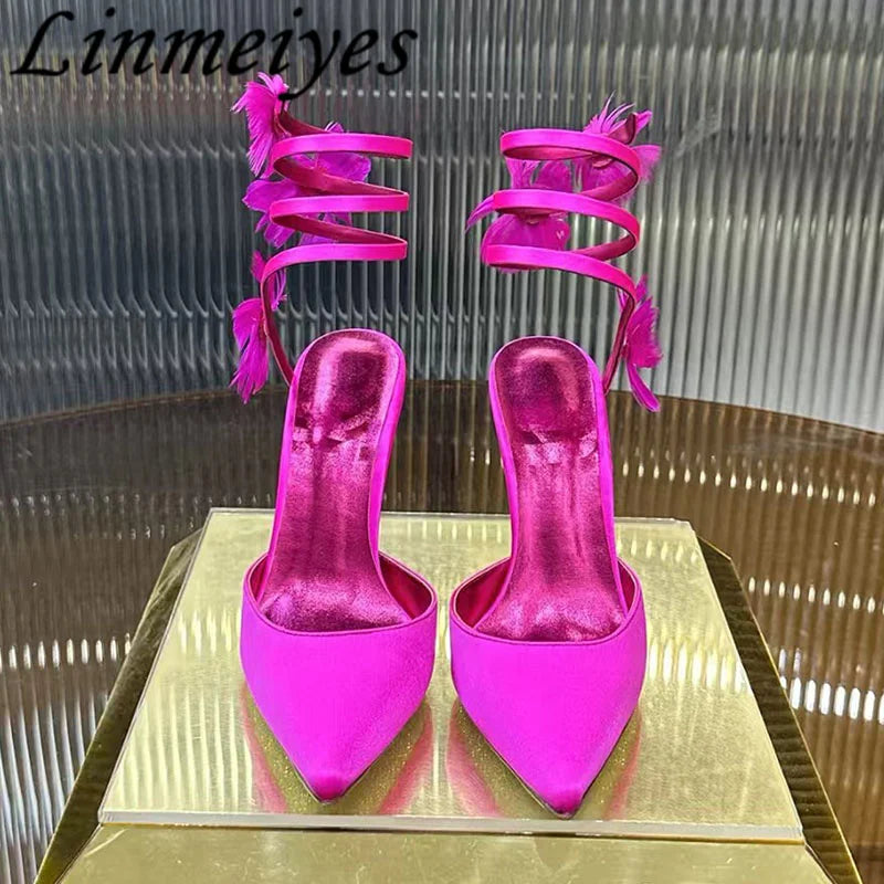 Rhinestone Feather Flower Embellished Ankle Strap High Heel Sandals for Women