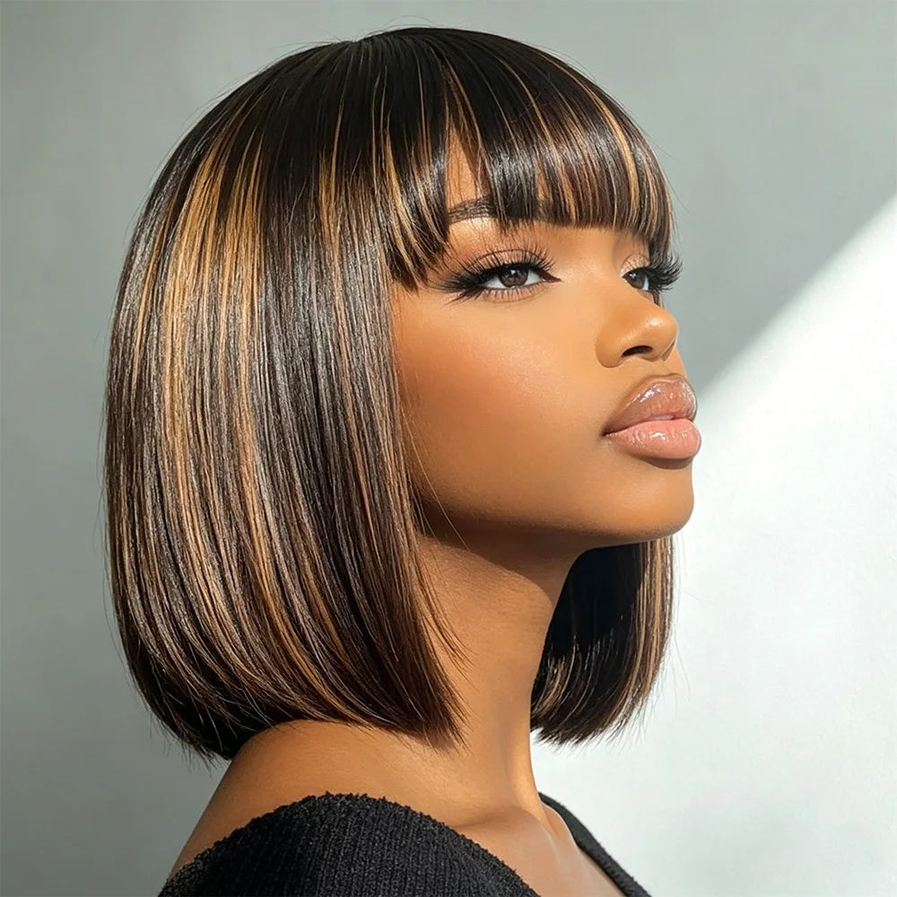 Soft Silky Highlight Brown Straight Bob Wig With Bangs For Women