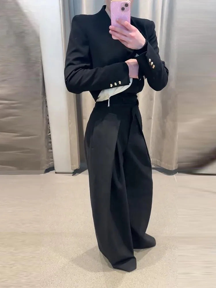 Elegant Solid Two Piece Blazer Pants Set for Women