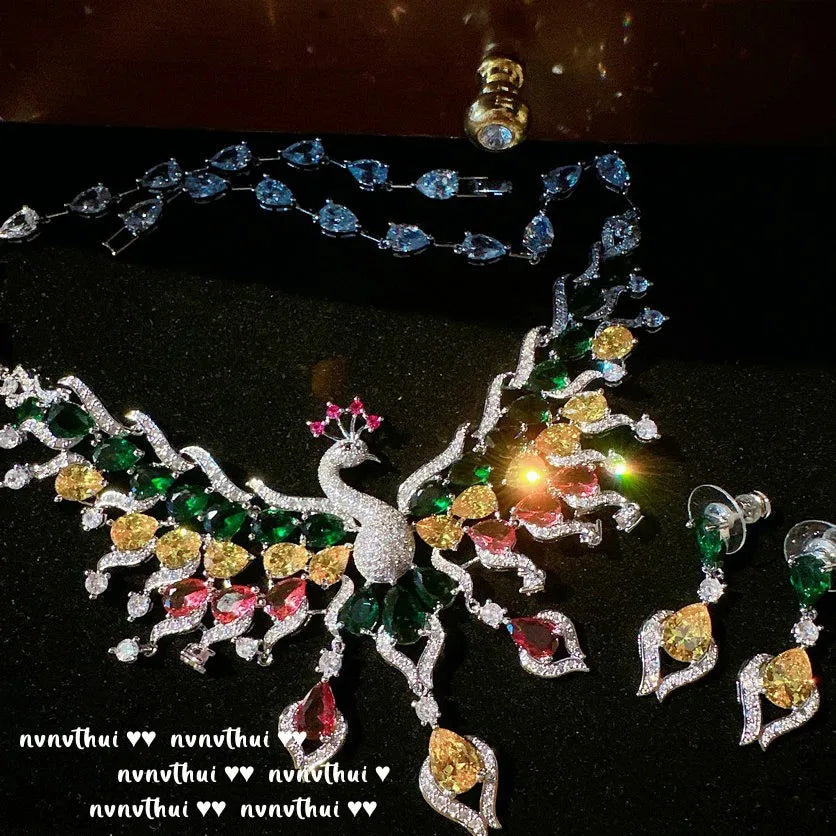 Sparkling Peacock Zircon Necklace and Earring Set for Women