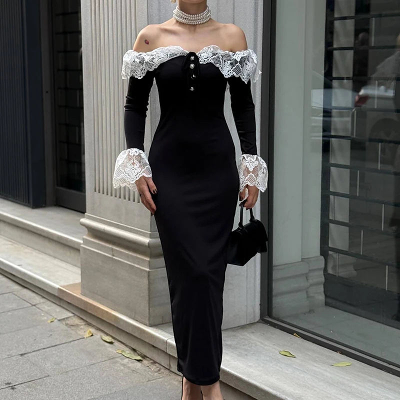 Elegant Off Shoulder Ruffle Wrap Hip Dress 2026 Sexy Lace Splicing Solid Long Dress Women's Casual Flared Sleeves Party Dresses