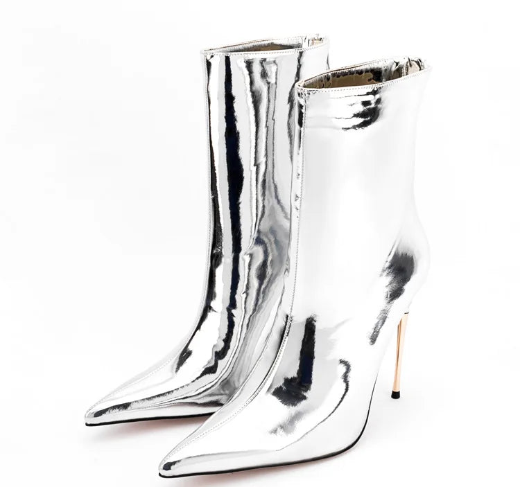 Shiny Blue Mirror Stiletto Boots with Side Zipper for Women