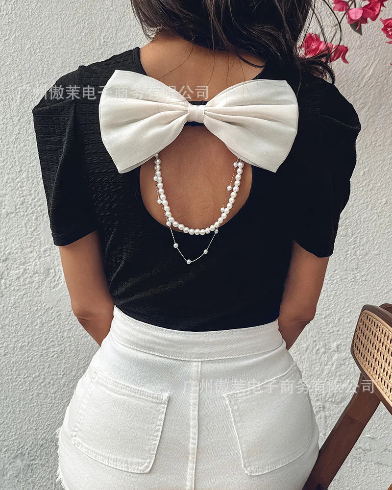 Effortless Bowknot Pearl Strap Knit Casual Tee for Women