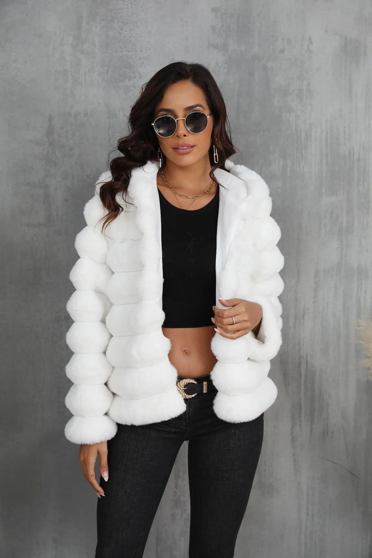 Warm Hooded Short Faux Fur Coat With Turn Down Collar for Women