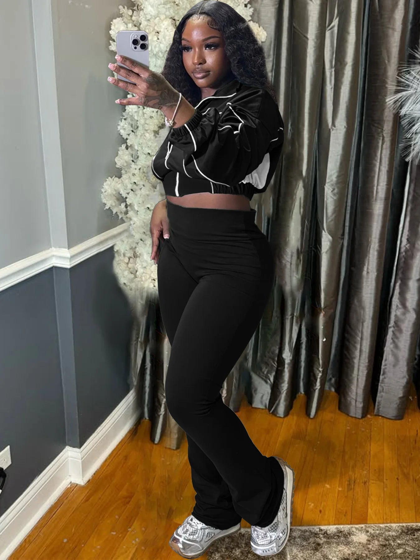 FAGADOER Casual Stripe Patchwork 2 Pieces Set for Woman Zip Long Sleeves Ruched Crop Top + Flare Pants Tracksuit Female Jogger