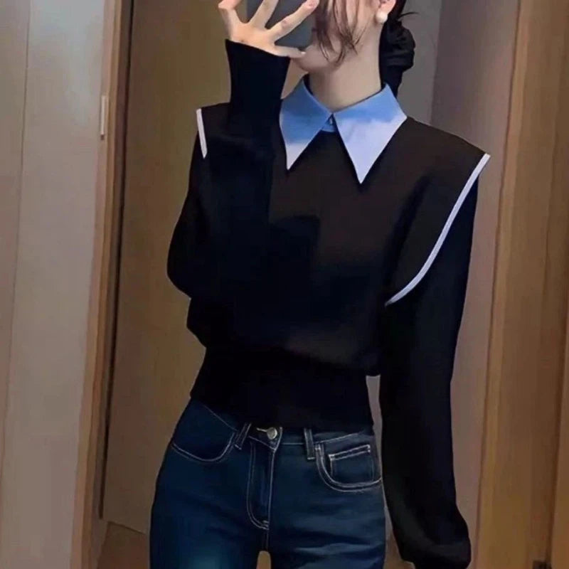 Simulated Two Piece Contrast Patchwork Long Sleeve Shirt for Women