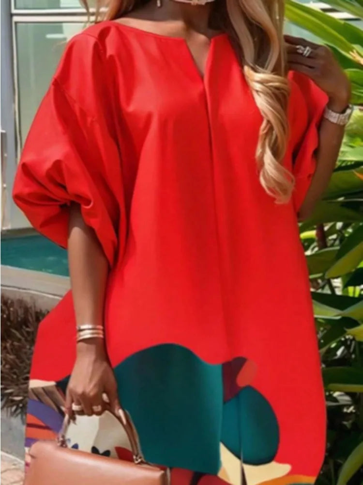 Gymystars Elegant Party Dresses Flower Print Maxi Dress Fashion Loose Puff Sleeves Split-Front Casual Red Evening Dress Ladies