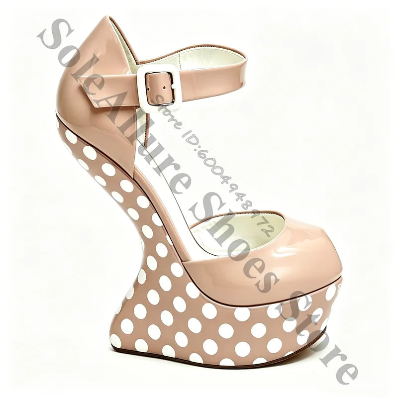 Glossy Polka Dot Buckle Strap Wedge Platform Sandals For Women