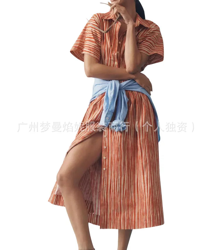 Elegant Striped Print Waist-Hugging A-Line Midi Dress for Women