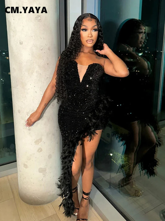 CM.YAYA Women Sequined Mesh Patchwork Strapless Feather Side High Side Split Maxi Dress 2023 Evening Sexy Long Dresses Vestidos