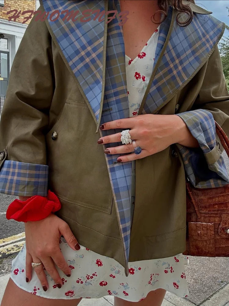 Plaid Reversible Jacket with Lapel Bow and Pockets for Women