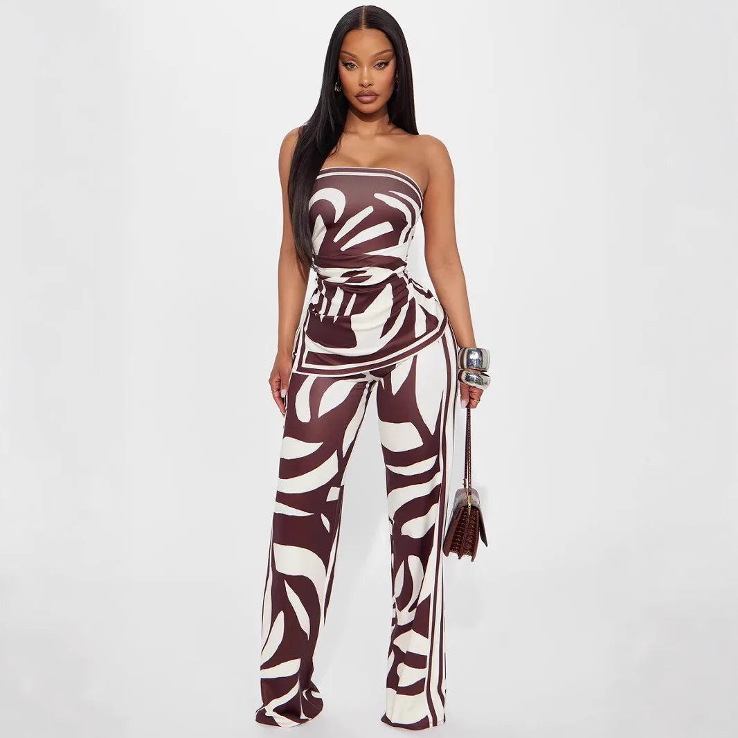 FAGADOER Fashion Stripe Print 2 Pieces Set for Woman Sleeveless Backless Top + Wide Leg Pant Outfits Matching Female Streetwear
