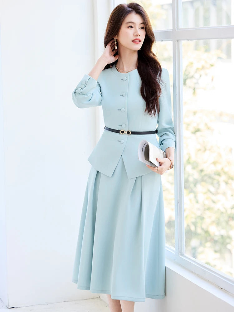 Fashion Women Formal Blazer Skirt Suit Ladies Blue Apricot Black Female Business Work Wear Two Piece Set For Autumn Winter