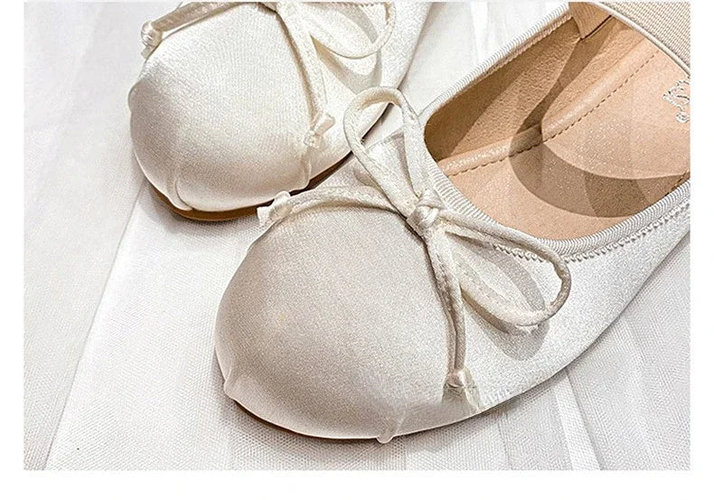 Round Toe Bow Satin Mary Jane Ballet Flats for Women