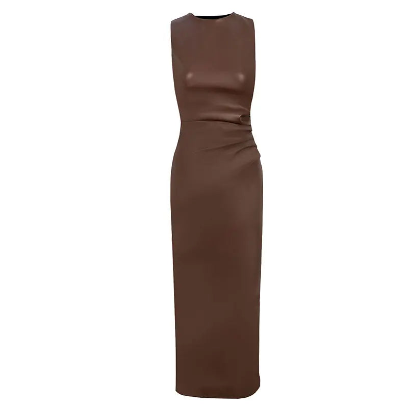 Summer Women's Maxi Dresses Streetwear Fashion New Zipper O-Neck PU Dress Solid Sexy Bodycon Female Club Party Dresses Clothing