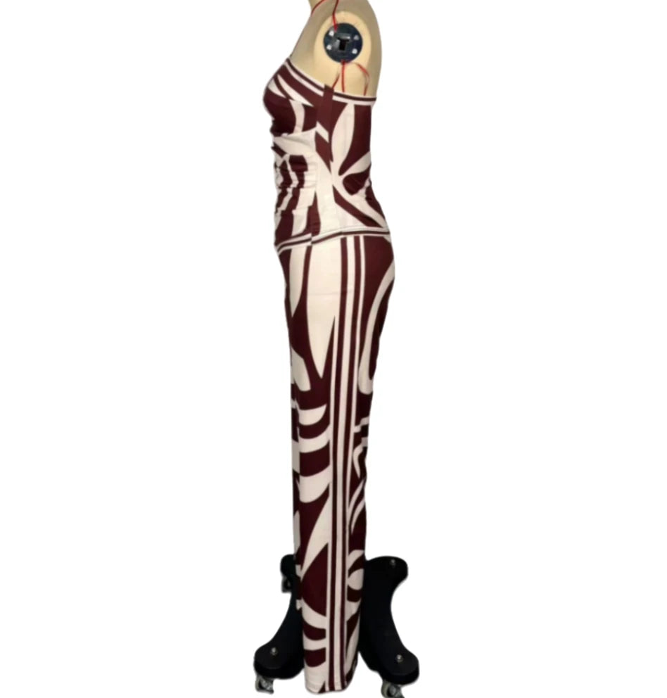 FAGADOER Fashion Stripe Print 2 Pieces Set for Woman Sleeveless Backless Top + Wide Leg Pant Outfits Matching Female Streetwear