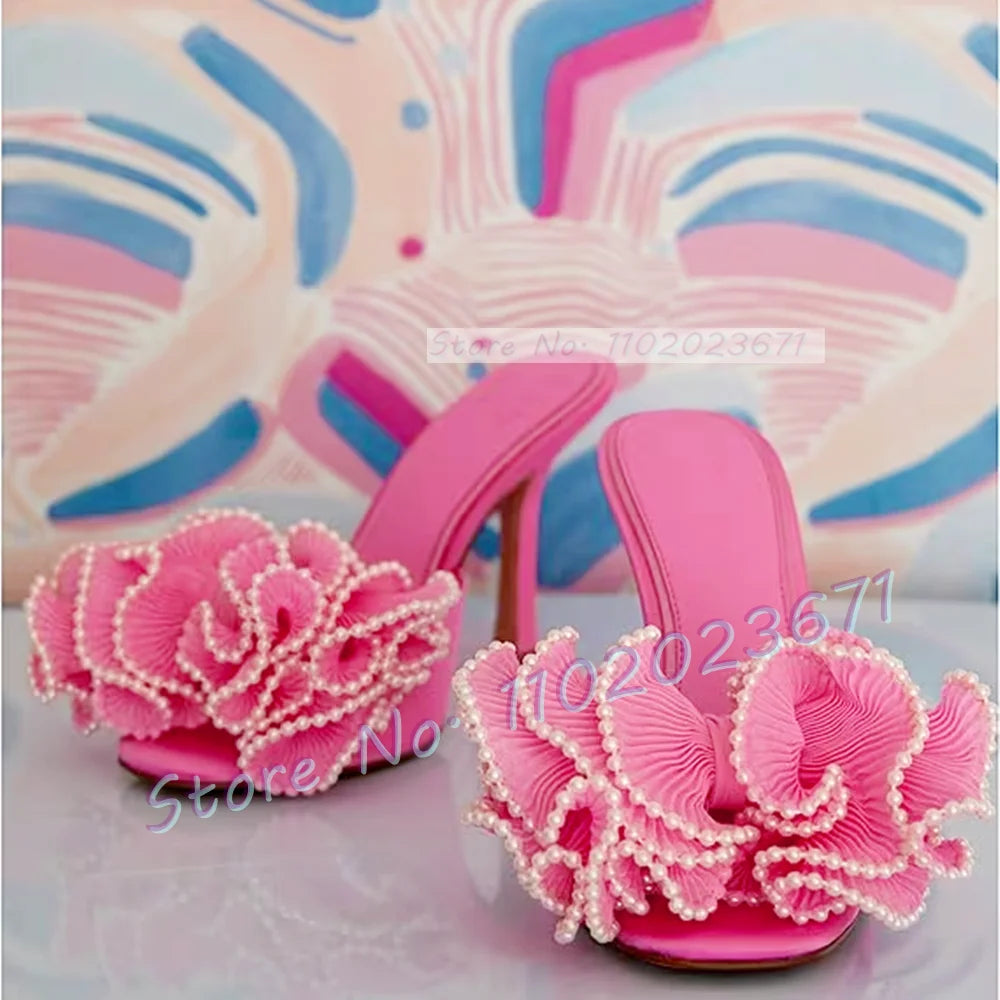 Satin Floral Open Toe Mules With Pearl Trim For Women