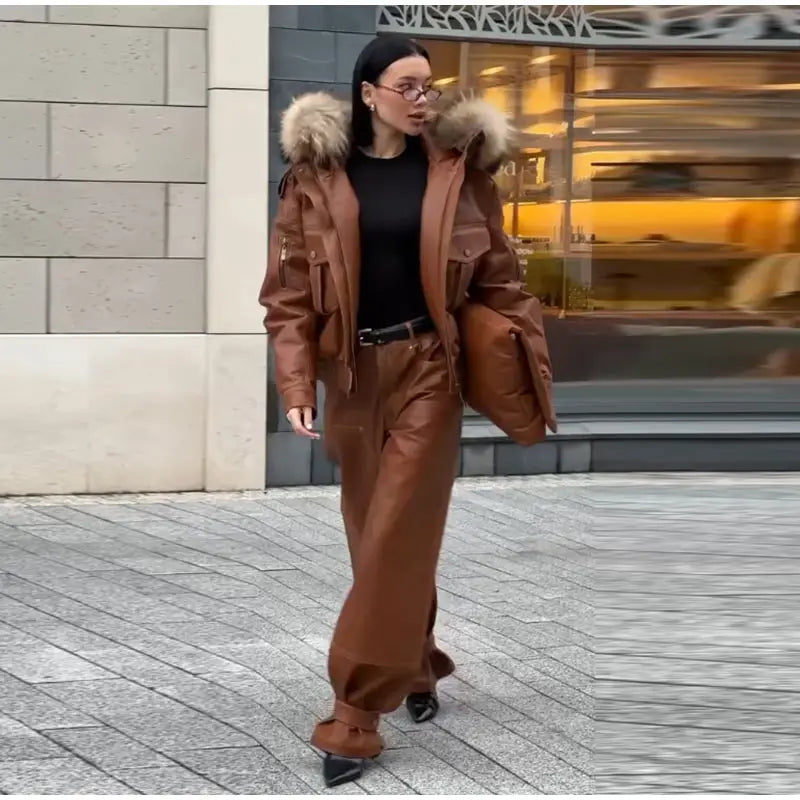 Fur Collar Women 's Leather Jackets Vintage Hooded Zipper Pockets Full Sleeve Jackets Lady 2025 New Woman Winter Coats Outwears