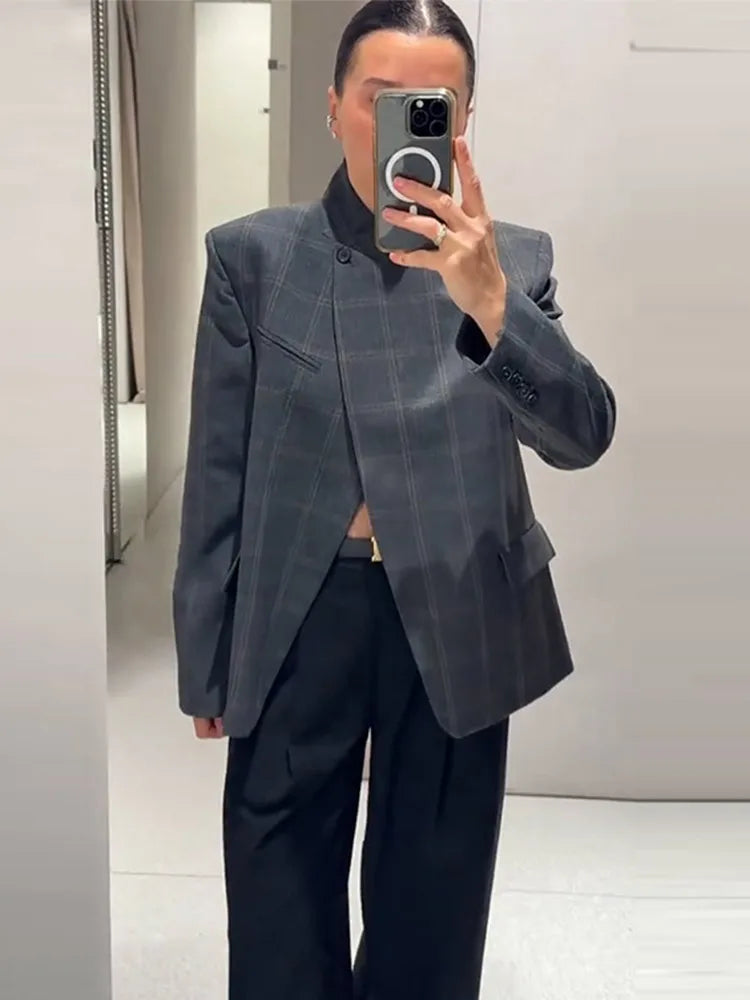 Plaid Women 's Blazers Elegant Laple One Button Thicken Full Sleeve Pockets Coats Female 2026 New Fashion Woman Coats Outwears