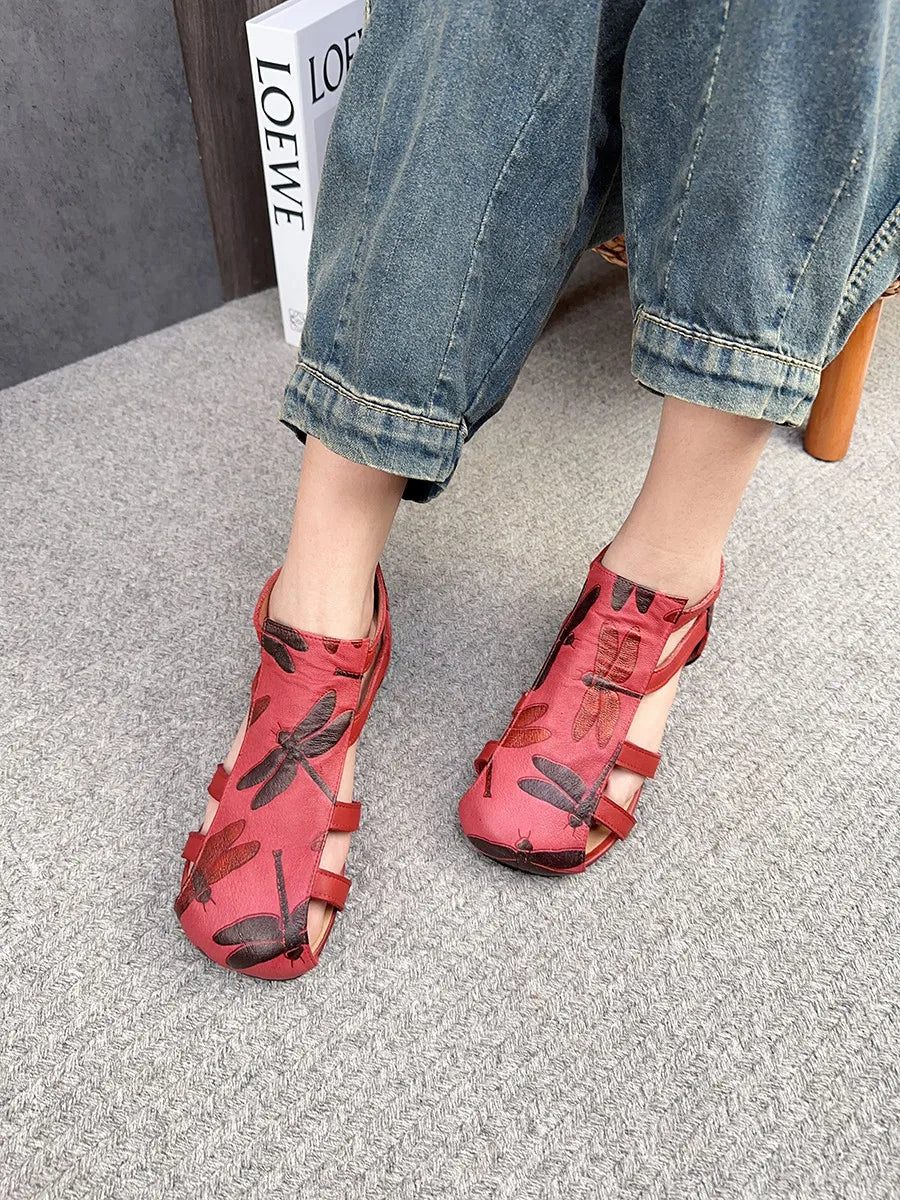 Flat Printed Genuine Leather Roman Sandals for Women