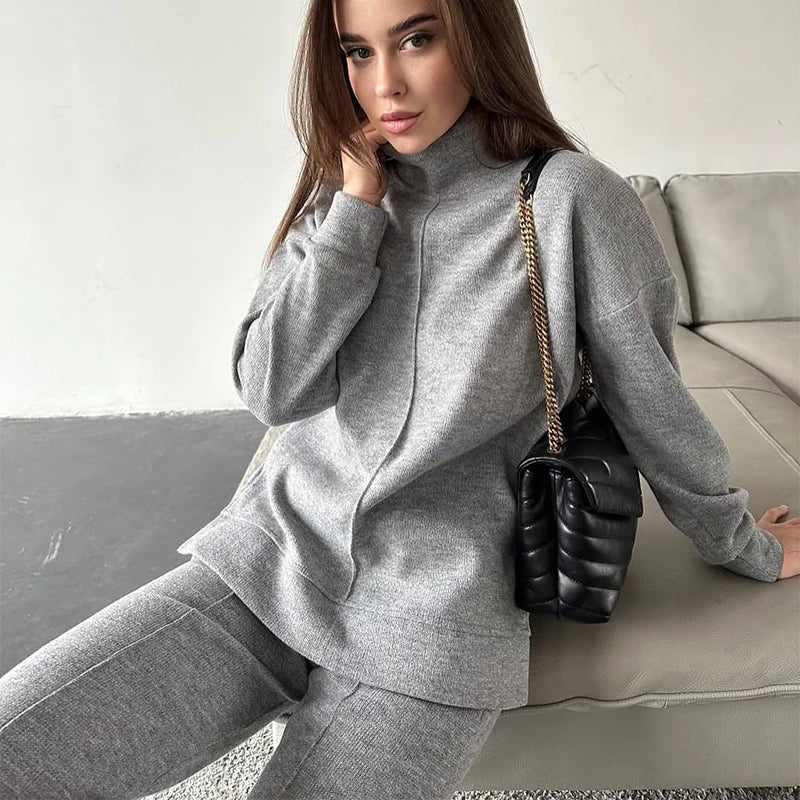 Solid Turtleneck Sweatshirt Set With Wide Leg Pants for Women