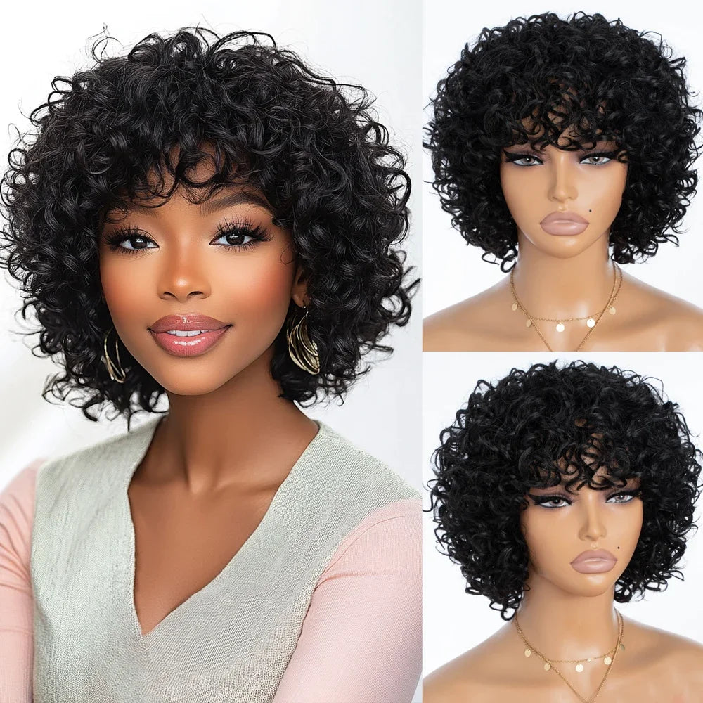 Short Kinky Curly Wig With Bangs And Mixed Highlights For Women